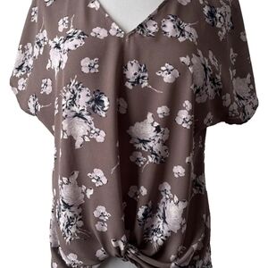 West Kei Taupe Floral Twist-Front V-Neck Top